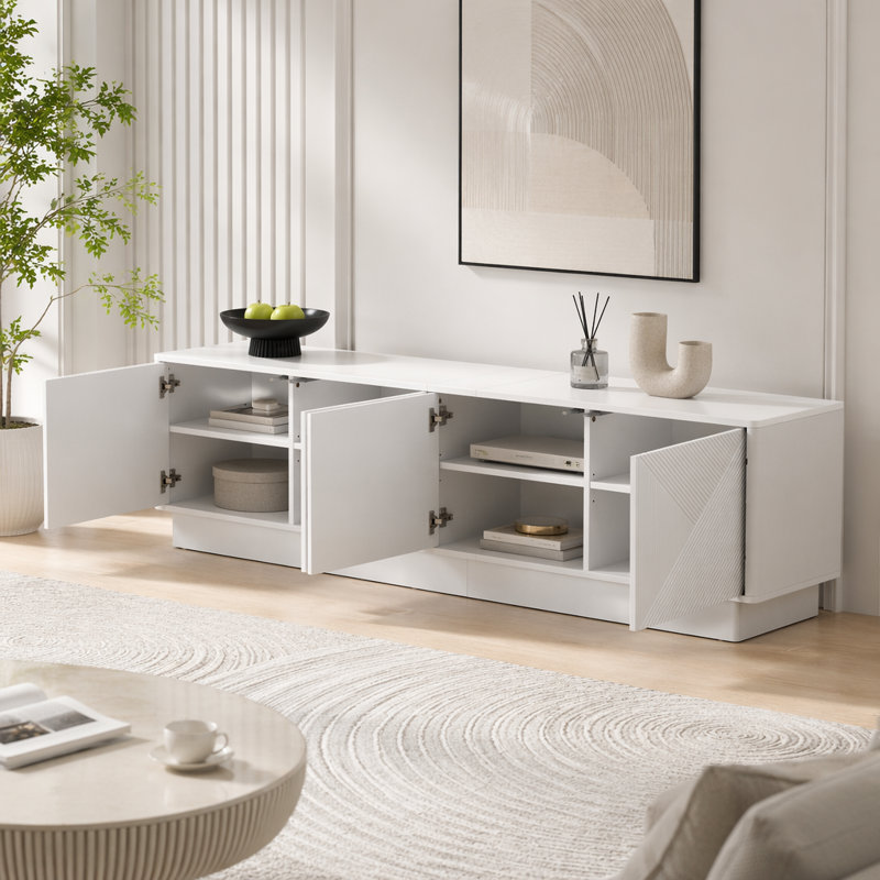 Meuble télé 4 portes Wave Design avec tablettes réglables et décorations DEL, White