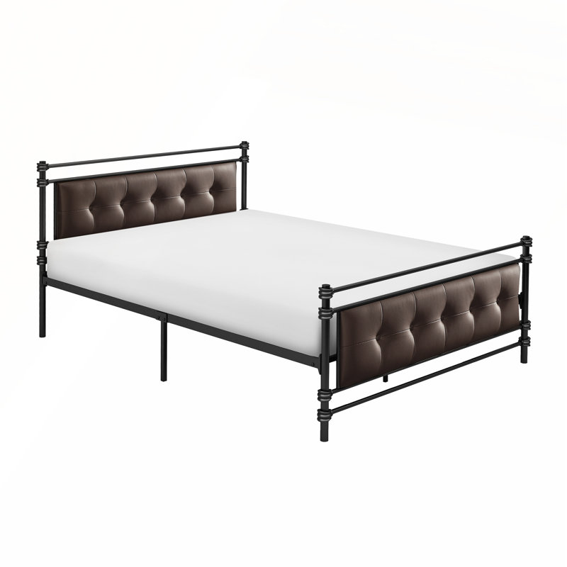 Lit plateforme double avec tête et pied de lit en similicuir capitonné, structure en métal noir pour les chambres modernes