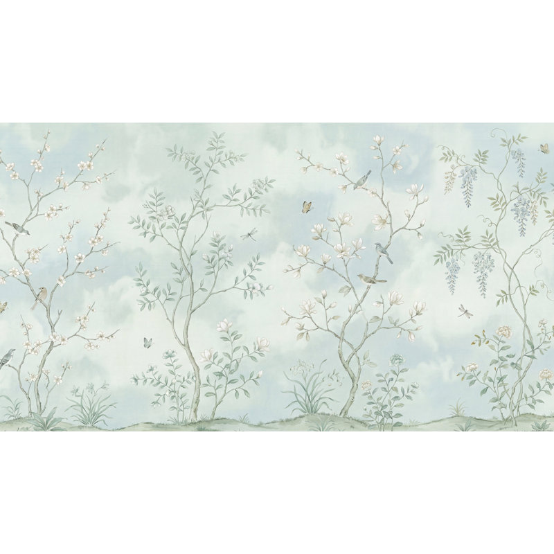 Papier peint floral oiseaux rétro, Peler et coller, 200 po x 120 po