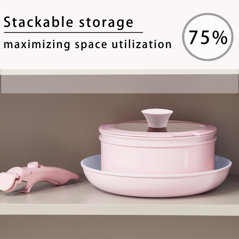 5-Piece Ceramic Non-Stick Cookware Set with Removable Handle, Pink