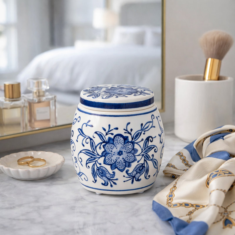 Decoraive Lavender Verbena Scented Candle for Living Room - Ceramic Chinoiserie for Bookshelf, Coffee Table, Bedroom - 5", Blue & White