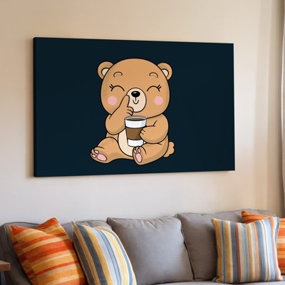 Toile, un mignon ours caricatural assis avec les jambes croisées tenant une tasse d'art mural avec les deux pattes, les yeux fermés dans le contentement et une toile