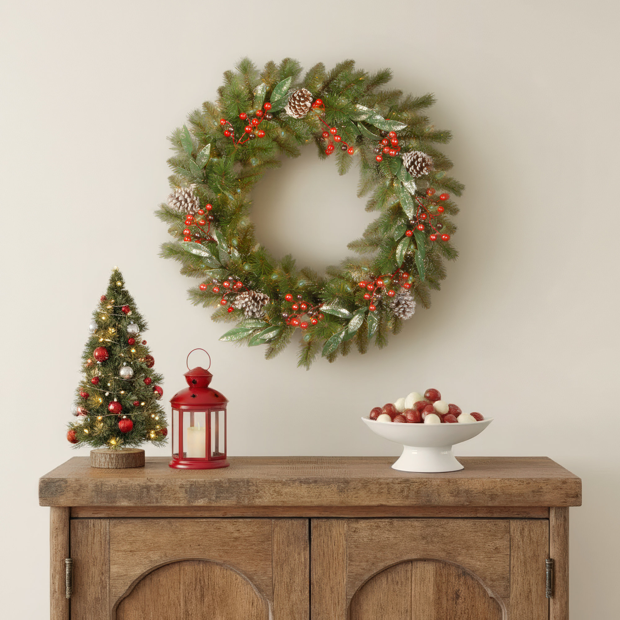 The Holiday Aisle® Frosted Pine Berry Wreath with Battery Operated LED Lights, 24" H x 24" W x 4" D