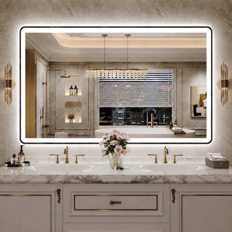 Lunara Independent Dual Backlit&Front Lights LED Wall Mirror, Rounded Corner Matte Black Metal Framed Bathroom Mirror with Tempered Glass