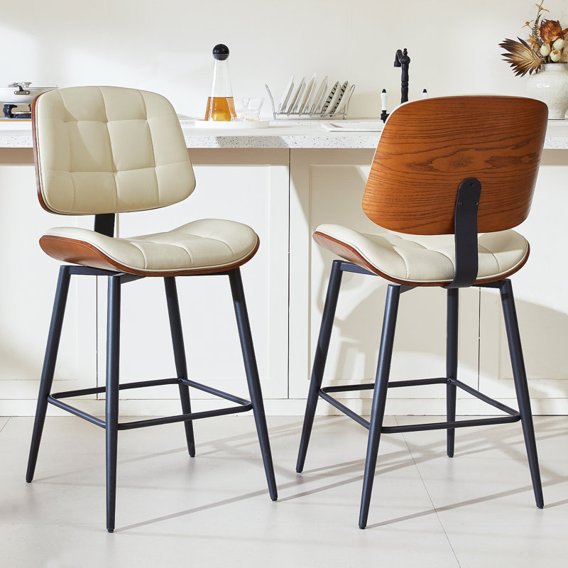 Mid Century Modern Bar Stools Set of 4 for Kitchen Island,Upholstered Beige Faux Leather Counter Height stools,26 Inch Counter stools with Walnut Grain Back