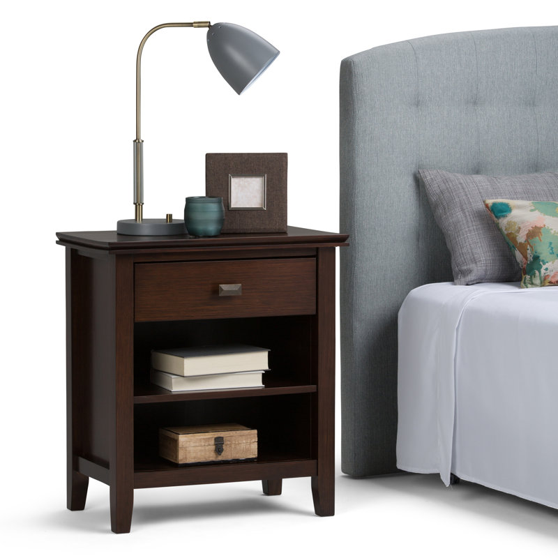 Artisan 24"W Solid Wood Contemporary Nightstand with 1 Drawer, Open Shelf Storage and Bronze Knobs, Russet Brown