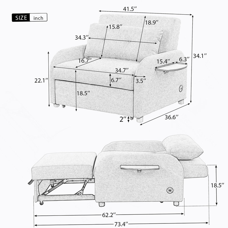 pull out sofa sleeper with 2 wing table side pocket and usb charge