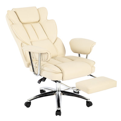 Beige Ergonomic Reclining Office Chair With Footrest, Leather For Big And Tall Workers, 500Lbs Capacity Home Equipment Piece Footrest - In