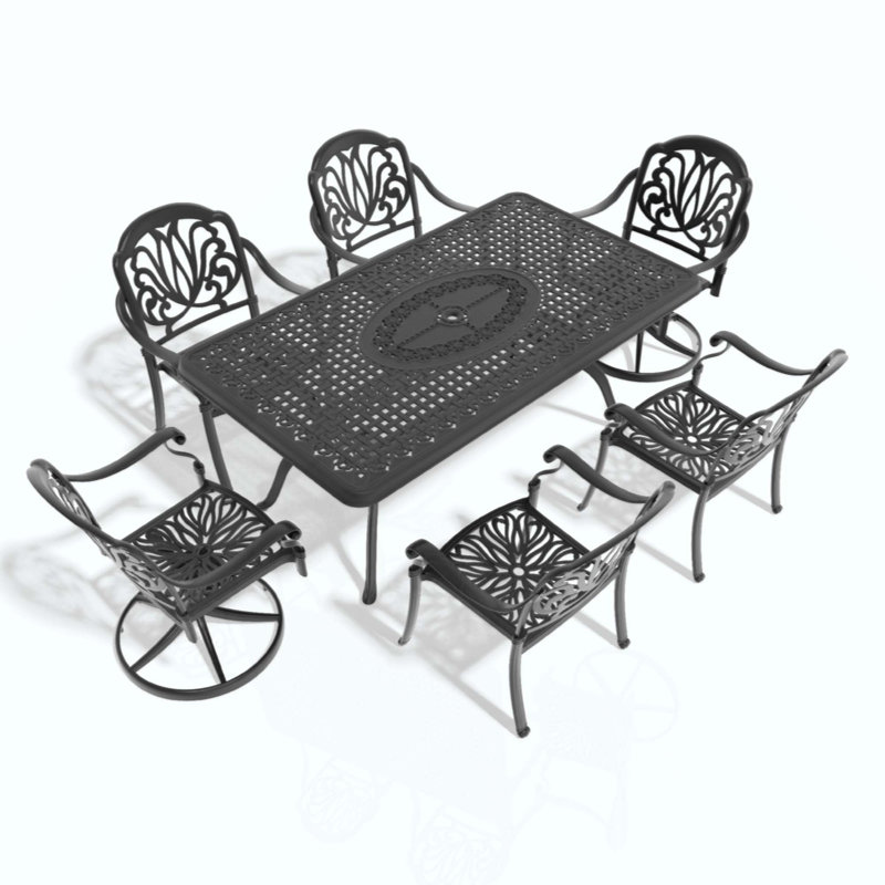 Ensemble de salle à manger 7 pièces en aluminium coulé toutes saisons comprenant 2 chaises pivotantes, 4 chaises et une table rectangulaire avec cadre
