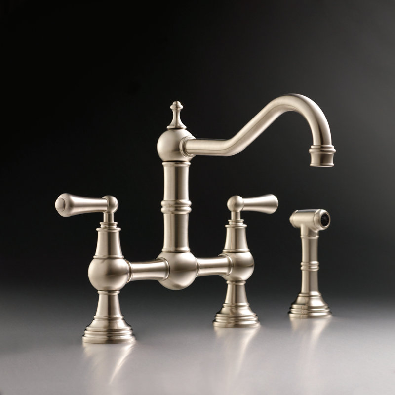 Edwardian™ Perrin and Rowe® Double Handle Provence Bridge Kitchen Faucet with Lever Handle, Satin English Gold, Lever