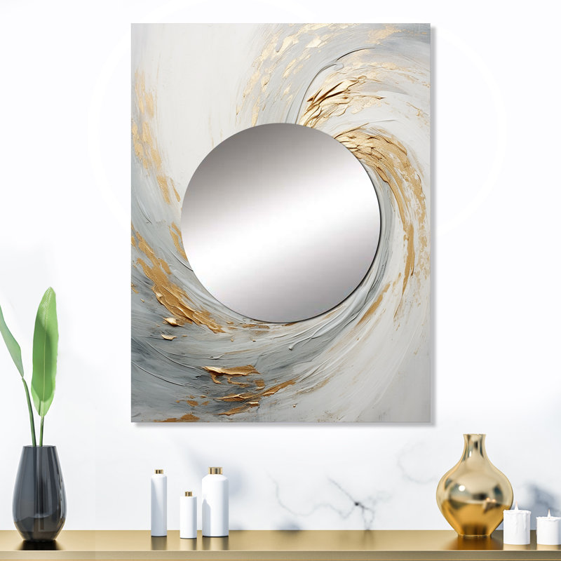 Vortex doré doux et doré Vortex IV - miroir décoratif à spirales abstraites, grand miroir mural beige, impression d'art en métal