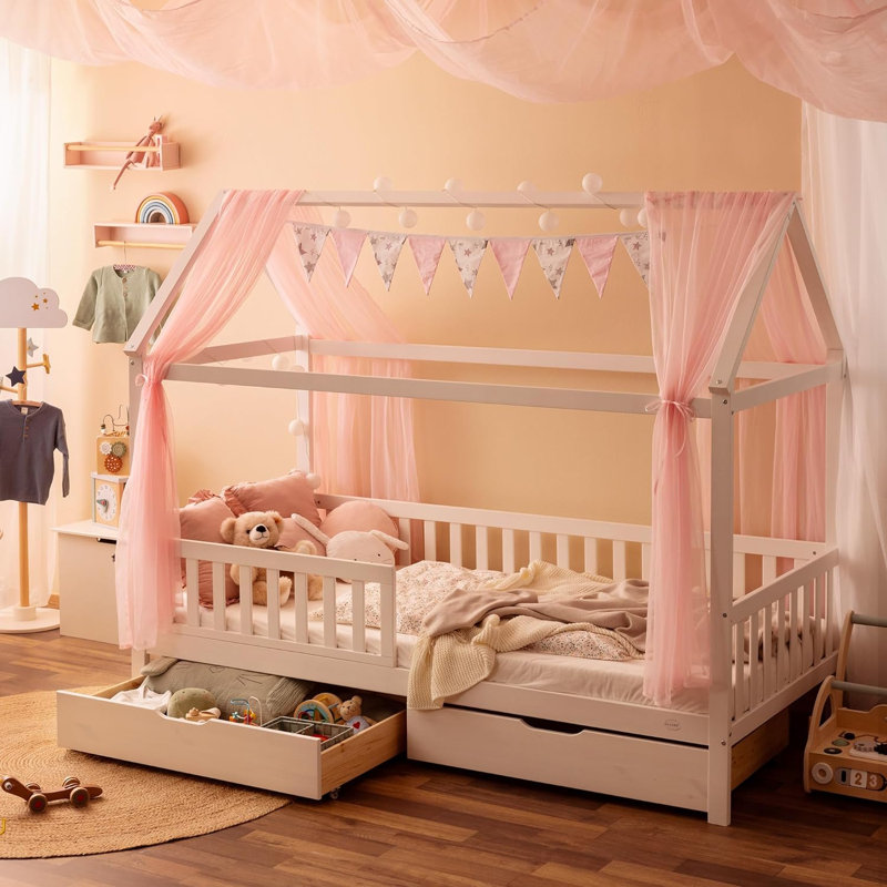 Alcube® HEIM house beds with fall-out protection and slatted frame - White, European Toddler (80 x 160cm), White, Standard
