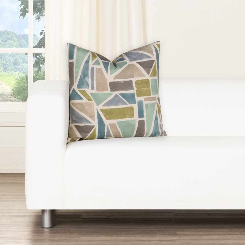 Coussin décoratif Magnolia Home Fashions Tranquil, Plumes, Vert / bleu géométrique 1, H 18 po x l 18 po