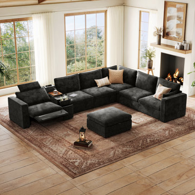 Canapé modulaire surdimensionné en chenille 6 places avec canapé inclinable inclinable électrique avec appui-tête et porte-gobelets en forme de L profond