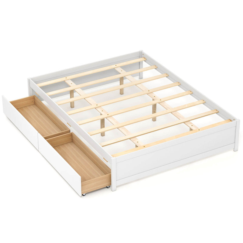 Queen Size Wooden Bed Frame with  Rolling Storage Drawers Wood Slat Support, White