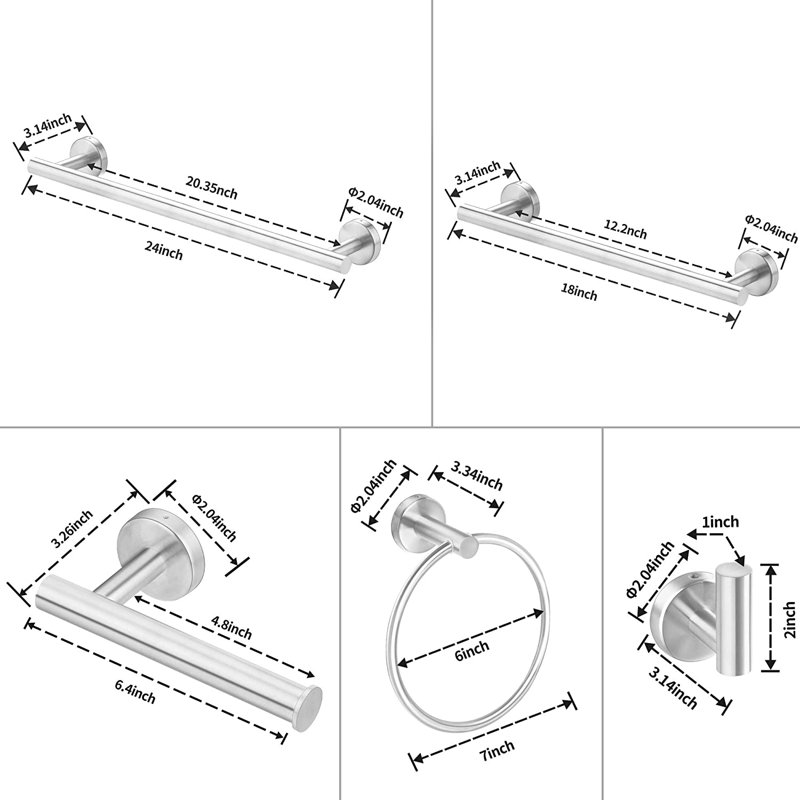 Ensemble de 6 accessoires de salle de bain en acier inoxydable brossé nickel, Nickel brossé