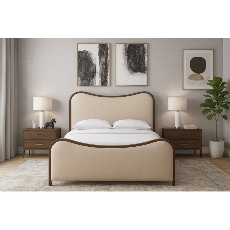 Lit tapissier Arvada, Double, Crème végétalien en cuir / brossé en noyer