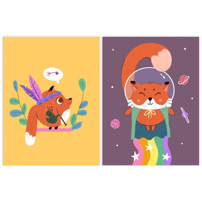 Fun Cute Fox Kids Bedroom Native American Rainbow Superhero Colourful - 2 Piece No Frame Print Set