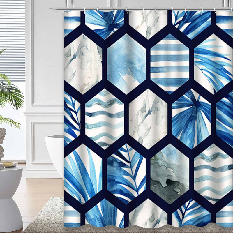 Abstrait géométrique foncé aquarelle hexagone feuilles de palmier vagues avec 12 crochets, L 72 po x l 78 po