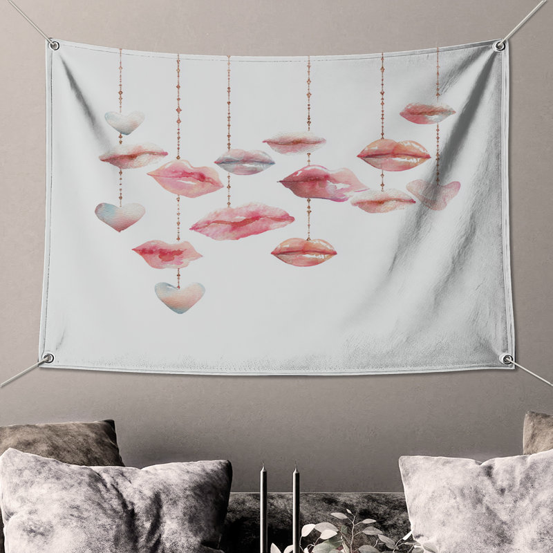 Tapisserie murale «Watercolor Lips Hearts» - décoration murale romantique, H 68 po x l 80 po avec 4 œillets