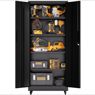 71"H Metal Garage Storage Cabinet with Wheels and Lock, Heavy Duty Rolling Metal Cabinet, 4 Adjustable Shelves (180lb Each), 3-Point Locking Security, for Tool Organization in Garage, Workshop, Office