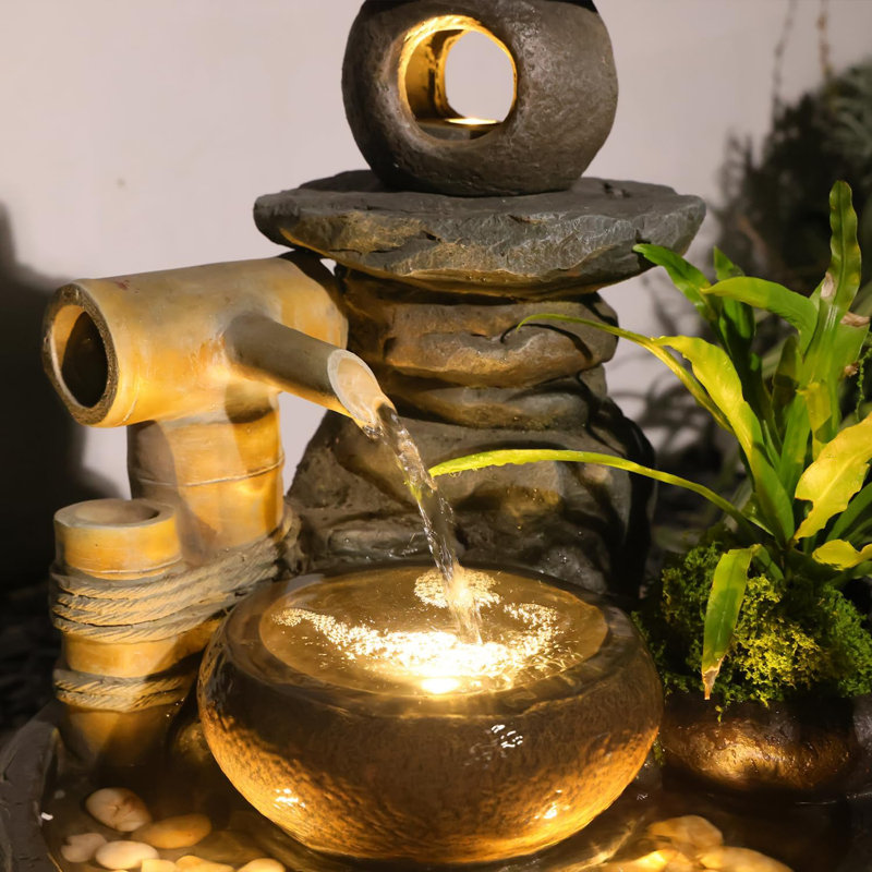 21"H Pagoda and Bamboo Outdoor&Indoor Japanese Outdoor Water Fountain, Natural Zen Decor Desian Outside Waterfall with Lights - Suitable for Garden, Patio, Home Art Decor Resin