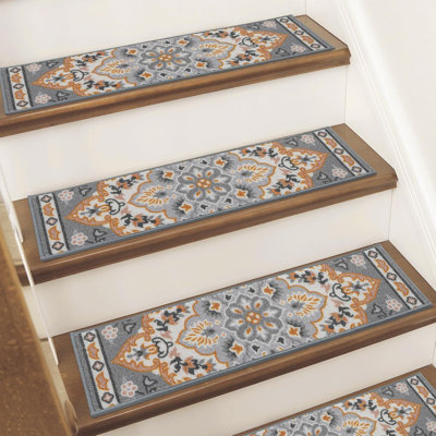 Stair Treads For Wooden Steps Non-Slip Machine Washable Carpet Stair Treads 8"X30" Soft Indoor Stair Runner For Kids Elders And Pets, 100% Polyester, TPE Backing, 15Pcs, Grey/Orange