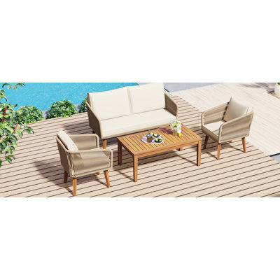 Mobilier d'extérieur de style Mid-Century avec coussins et fabrication en bois massif (beige, corde naturelle, métal de patio en métal, coussins pour les espaces)