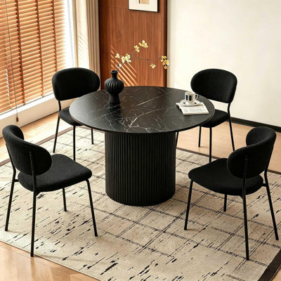 Black Marble-Look Wooden Dining Table Set for 4, 47" Round Kitchen Table with Black Boucle Chairs Upholstered