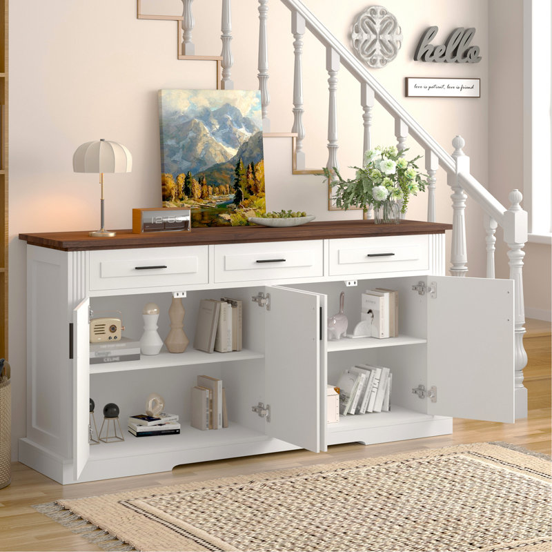 Buffet blanc cannelé de 63 po avec 4 portes et 3 tiroirs, rangement de cuisine moderne pour la vie, la salle à manger, tablettes intérieures réglables pour l'entrée, buffet à conception basculante, cuisine adaptée, fabrication de vestibule,