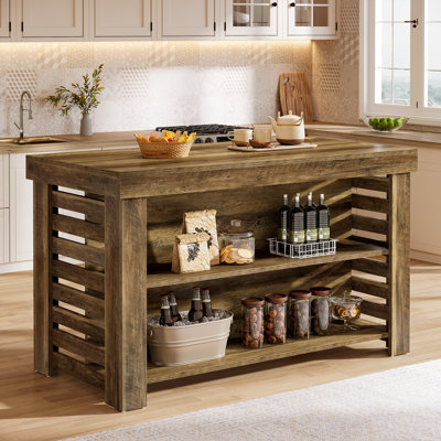 55.12"W Kitchen Island with 2-Tier Open Storage Shelves and Large Worktop, Farmhouse Style