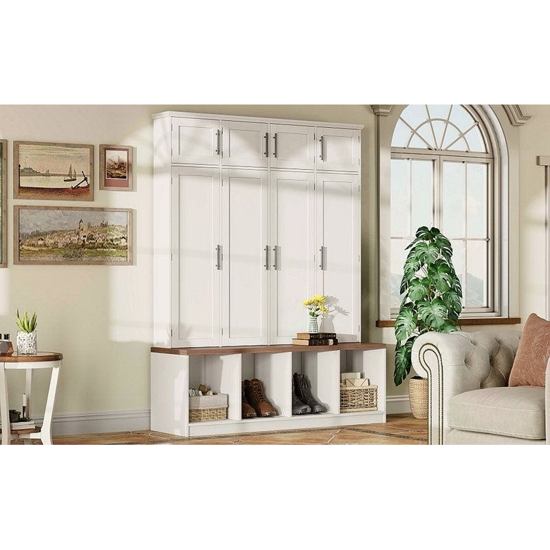 Arbre d'entrée de style campagnard avec 4 crochets cachés, banc polyvalent en noyer avec 8 portes, armoire à chaussures avec compartiment ouvert pour le salon
