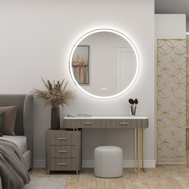 Round LED Bathroom Vanity Mirror with Front & Back Light, Anti-Fog, Dimmable, 3 Color Temperatures, Plug-in/Hardwired, Frameless Silver Mirror (32")