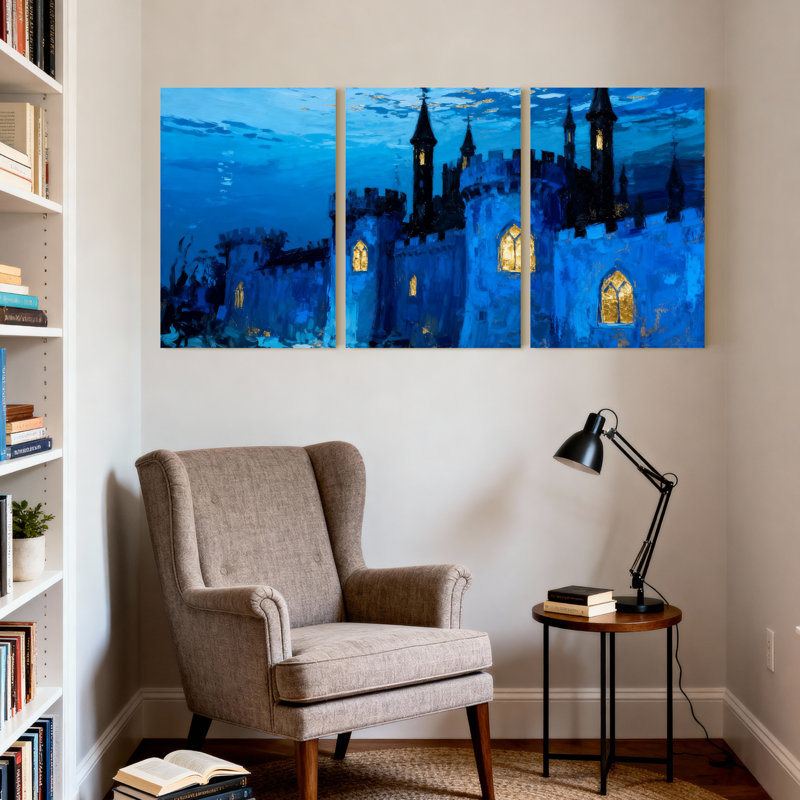 Ensemble de 3 impressions sur toile Blue Castle Night Sky Reflection Lights Tower, H 30 po x l 60 po