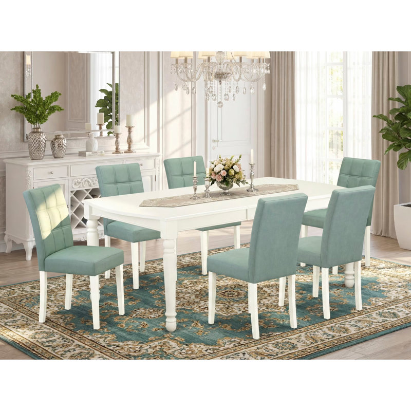 L'ensemble de table de salle à manger 7 pièces contient une table de salle à manger de style Mid-Century et 6 chaises de salle à manger en tissu de polyester vert saule, blanc lin