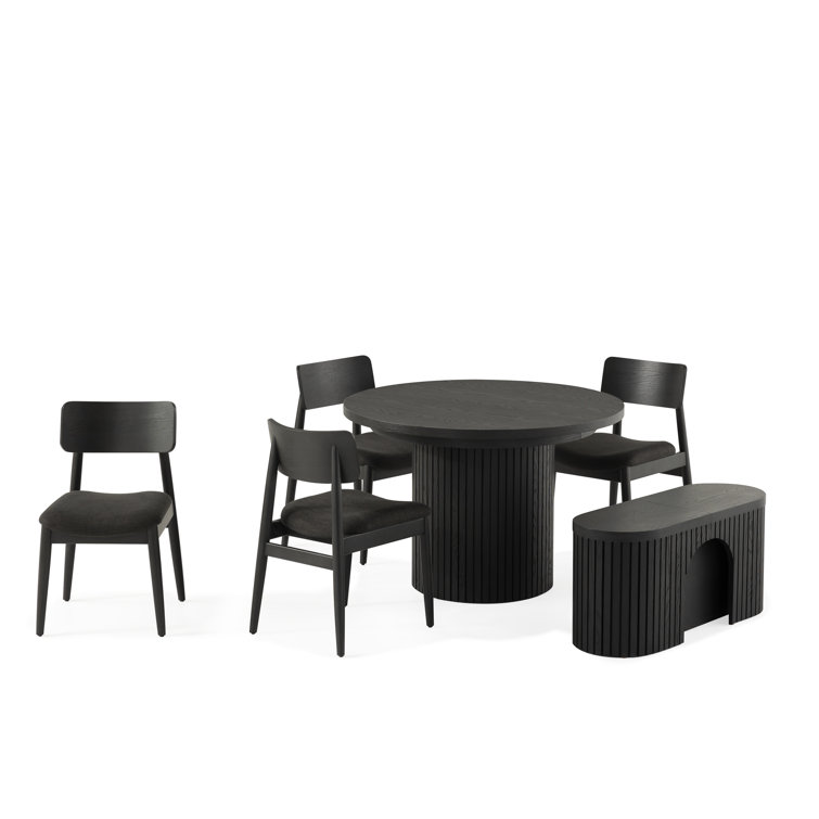 Transformer Table Extendable Round Dining Set - Table + Bench + 4 Chairs + Sideboard(Panel Storage Unit) - 2 To 10 People - Smoked Hickory