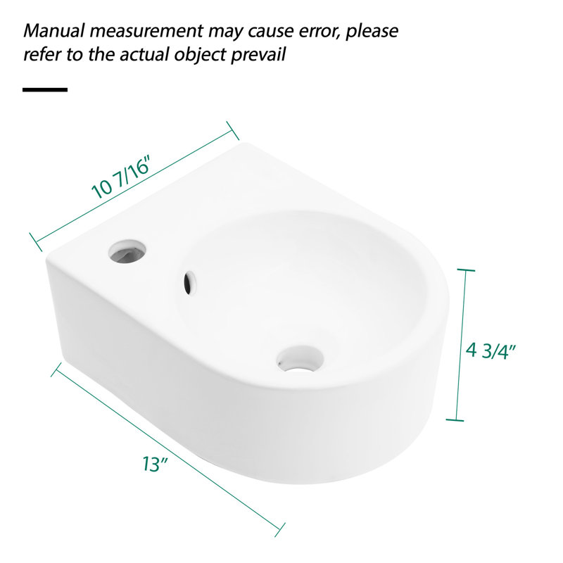 White Ceramic Mounted Sink For Bathroom - 13X10.19 Inch, Stain Material, Modern Design Inch Wall Mount, Ceramic, White, Smooth And Polished, Faucet Hole