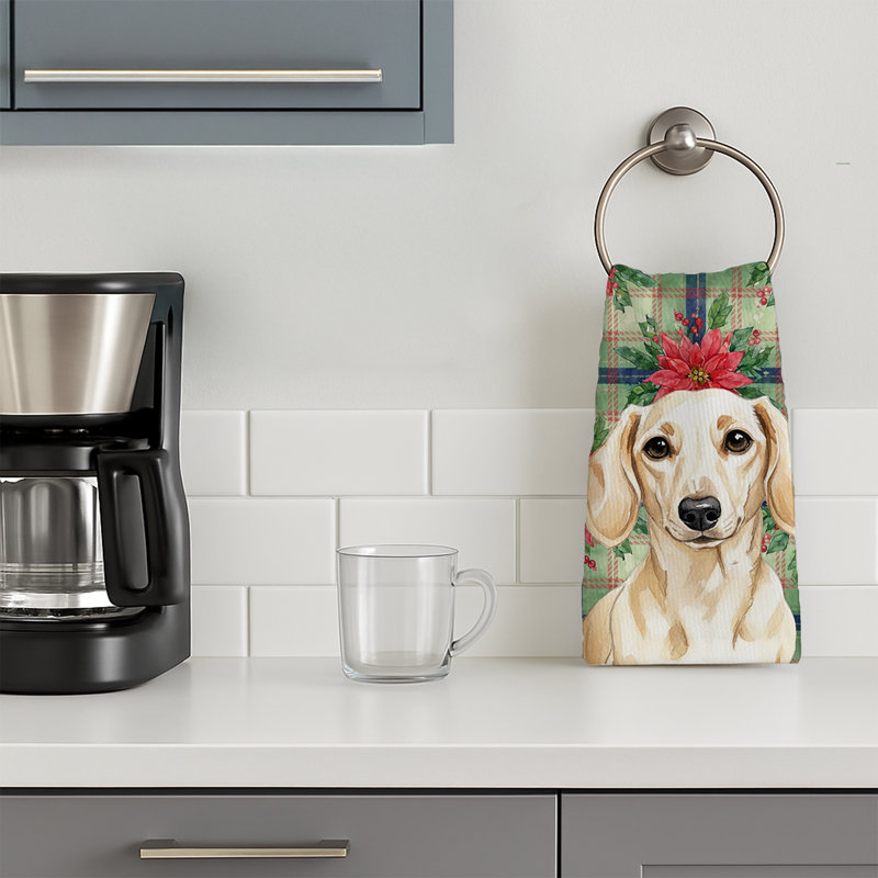 Cream Dachshund Christmas PoinsettIas Kitchen Towel, Cream Dachshund