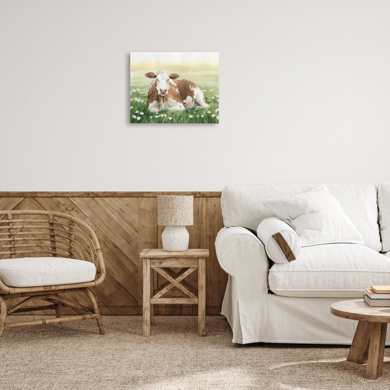 «Cow & Meadow Blossoms», art mural sur toile par Grace Popp, H 36 po x l 48 po