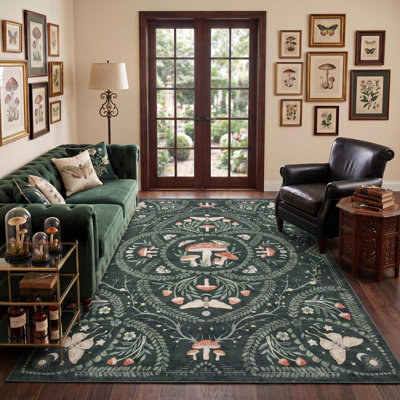 Tapis champignon 4 x 6 pour le salon, tapis gothique foncé Acadia, tapis lavables à imprimé animal antidérapant 5 x 6 tapis d'insecte pour chambre à coucher avec caoutchouc pour salle de jeux, salle à manger, vert