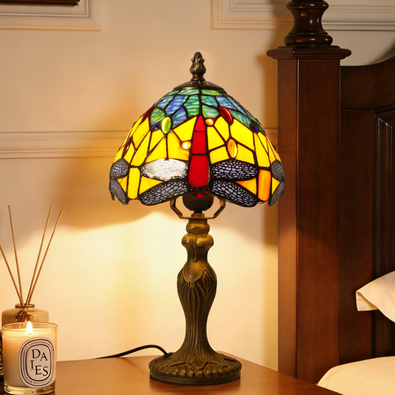 Stained Glass Dragonfly Table Lamp - Vintage Antique Metal Base Nightstand Lamp