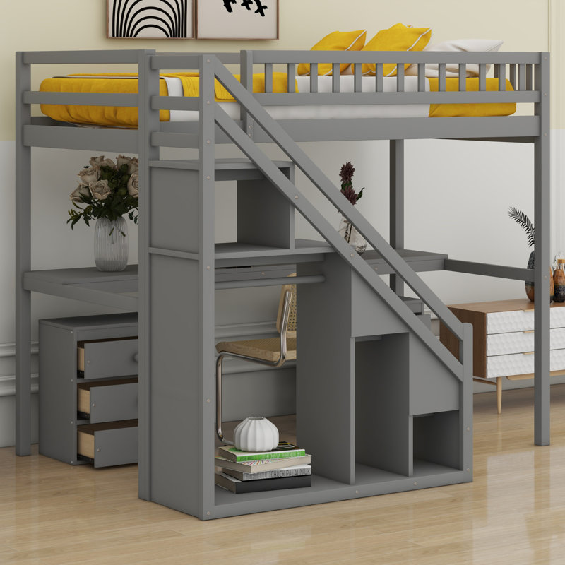 Lit mezzanine avec deux commodes, bureau et bande lumineuse, Lit simple, Gris