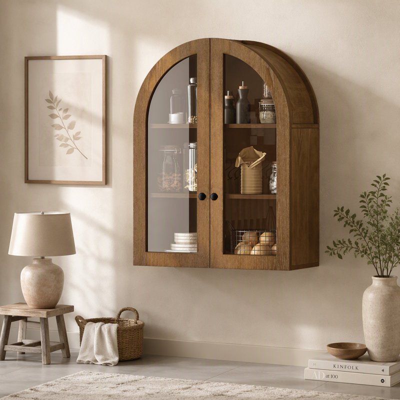Armoire murale cintrée en placage de bois avec portes en verre trempé et tablette réglable, Walnut Brown