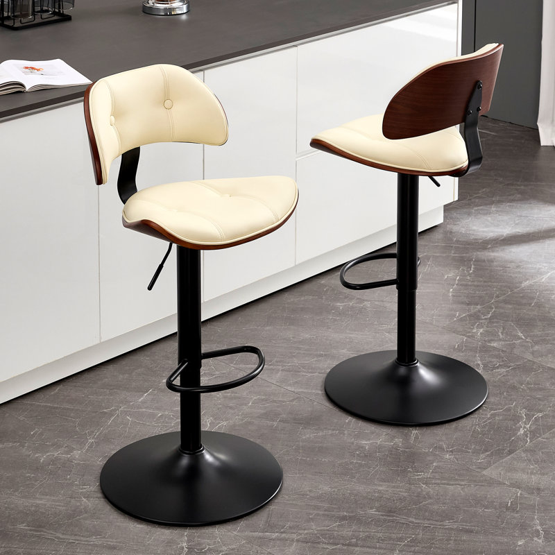 Swivel and  Adjustable Height Bar Stool with Footrest, 2, Beige Seat/Black Frame