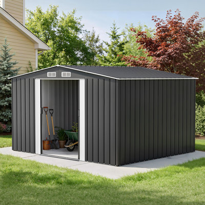 Outdoor Garden Storage Shed, Heavy-Duty Steel Tool Shed with Sliding Doors, Vent Filter, Reinforced Frame & Sloped Drainage Roof