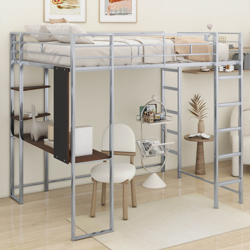 Lit mezzanine en métal avec 2 tablettes et un bureau, Twin, Argent