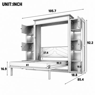 Grand lit escamotable avec lumières DEL et tablettes de rangement