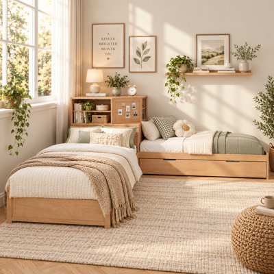 3-in-1 L-Shaped Twin Bed Frame with Trundle, Corner Bookshelf & Built-In LED Lights