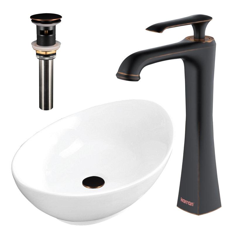 Karran Valera Lavabo de salle de bain vasque en porcelaine vitreuse avec robinet et drain en bronze huilé