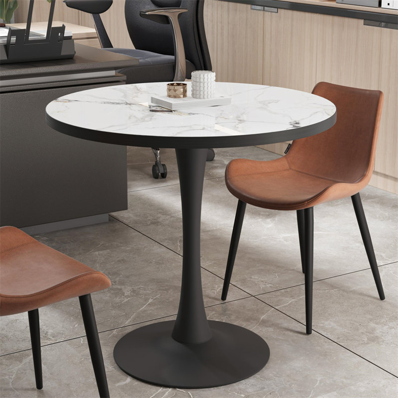 Table basse ronde pour table de salle à manger avec table en bois fritté et base piédestal 30 po, Blanc/Noir